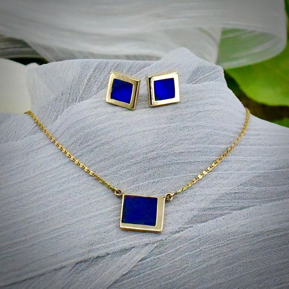 Vintage 14K Gold Lapis Lazuli Geometric Pendant Earrings Set Mid-Century 5.63g